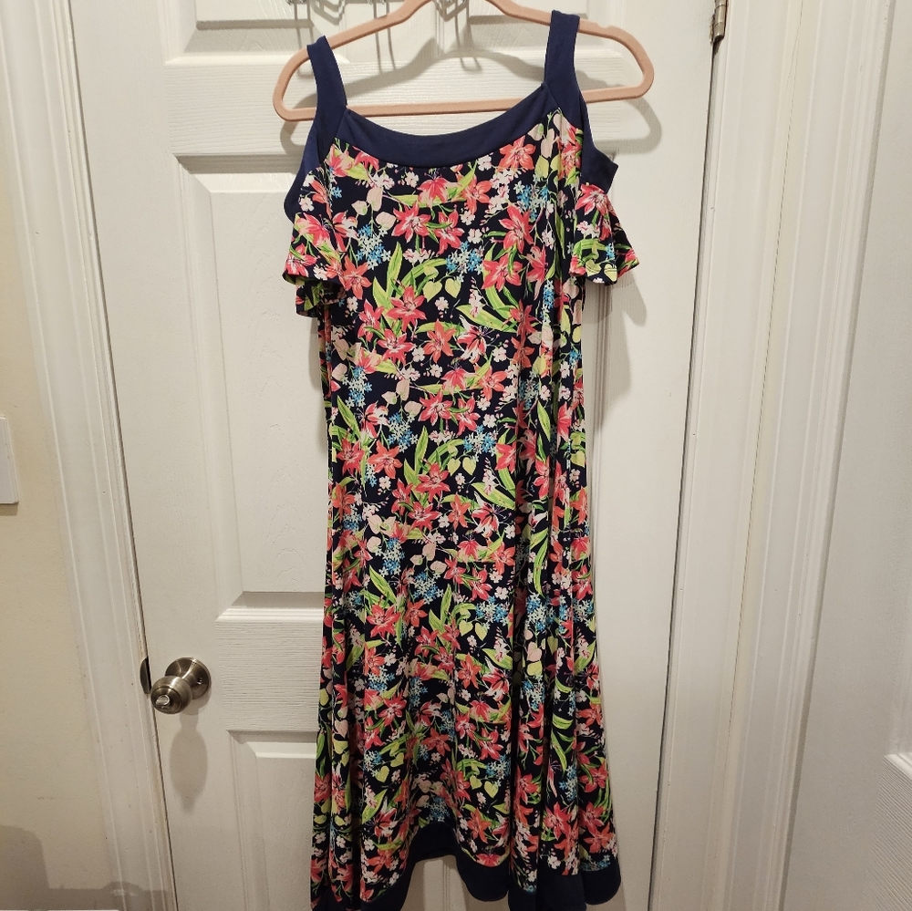 Rafaella cold shoulder stretch summer tropical floral dress size medium EUC